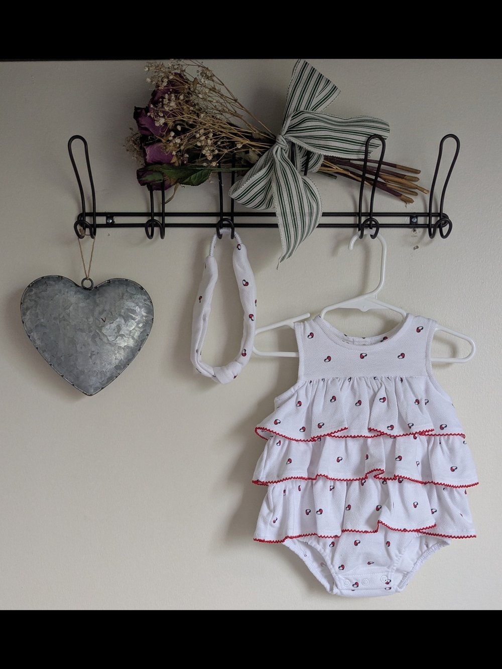 Tommy Hilfiger White Ruffle Romper with Red Trim and Hearts